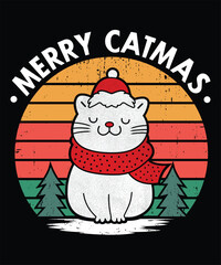 Merry Catmas, Funny Cats Christmas T-shirt a cute cat wearing a Santa's Hut with a vintage sunset 
