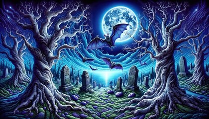 Mystical Halloween landscape with swirling trees, a luminous full moon, flying bats, and intricate gravestones set against a starry night. Generative AI.