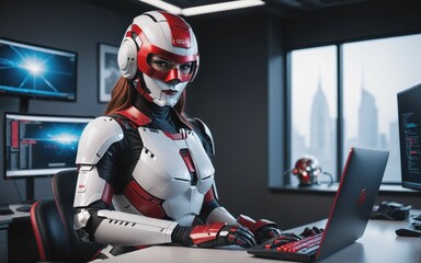 A humanoid working as a secretary in a modern office - obrazy, fototapety, plakaty