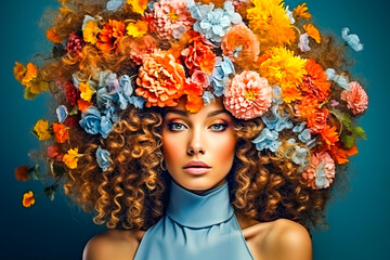 Portrait d'une très belle jeune femme avec des fleurs dans les cheveux - obrazy, fototapety, plakaty