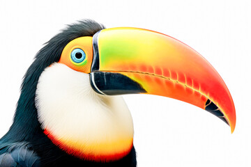 Toucan isolated on white background. Close up of colorful toucan.