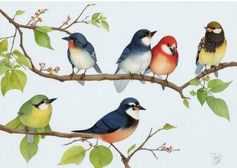 set of birds on a branch