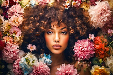 Portrait d'une très belle jeune femme avec des fleurs dans les cheveux