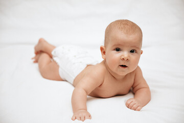 A newborn baby in a diaper is lying on stomach on a white background and looking at the camera. 