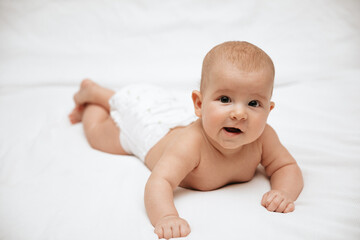 A newborn baby in a diaper is lying on stomach on a white background and looking at the camera. 