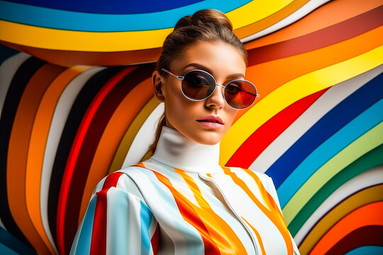 Portrait de femme avec des lunettes sur fond ray&eacute; color&eacute;