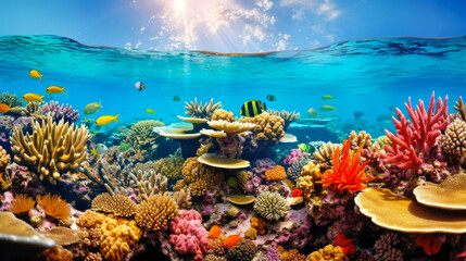 Naklejka na ściany i meble Tropical fish and corals underwater in the Sea.