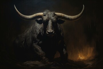 Dark room, realistic bull. Generative AI