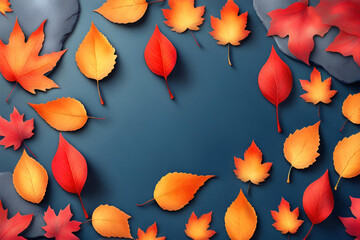 Autumn leaves on dark blue background. Generative AI