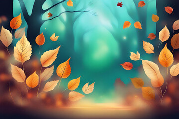 Autumn forest background with falling leaves. Generative AI