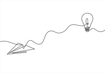 Paper plane flying up connected with light bulb in one continuous line drawing. Airplane in outline style. Startup business idea concept with editable stroke. Vector illustration