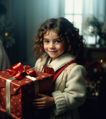 Fototapeta na wymiar Happy child girl elf helper of Santa with a magic Christmas gift. Generative AI.