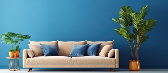 Position near beige couch with vibrant pillows in living area with blue rug With copyspace for text - obrazy, fototapety, plakaty