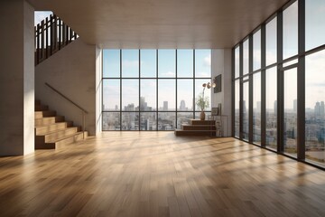 Contemporary hall, wooden parquet floor, concrete stairs, panoramic window displaying city view. Generative AI