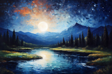 Beautiful night sky. Milky Way. Impressionism style oil painting.