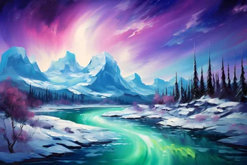 Poster Northern Lights. Landscape. Impressionism style oil painting. © Osadchyi_I
