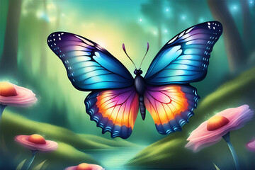 Beautiful butterfly on a background of the summer landscape. Generative AI