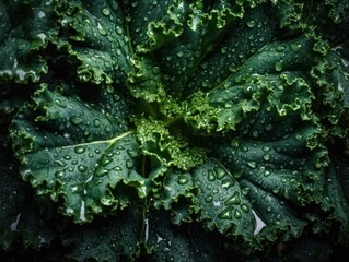 Fresh kale cabbage with water drops Full frame background top view