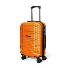 Orange travel suitcase cabin luggage, cropped image with transparency and shadow