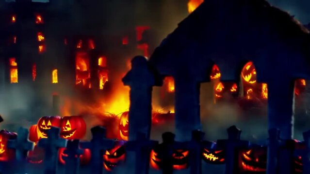 Gravestone cemetery pumpkins and escaping flames of fire, a Halloween illustrated animated spooky short movie.