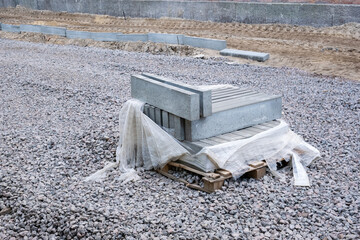 New curb stone at construction site - obrazy, fototapety, plakaty
