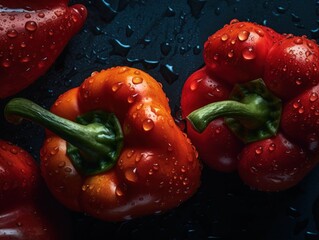 Fresh peppers with water drops Full frame background top view