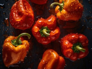 Fresh peppers with water drops Full frame background top view