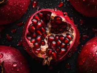 Fresh pomegranate with water drops Full frame background top view