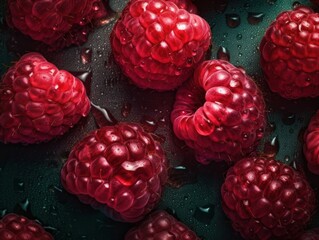 Fresh raspberry with water drops Full frame background top view