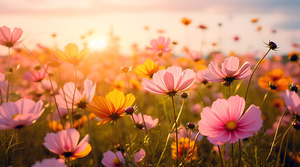 Blooming yellow pink and orange cosmos flowers in field with sunshine.