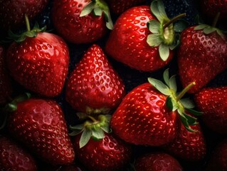 Fresh strawberries with water drops Full frame background top view
