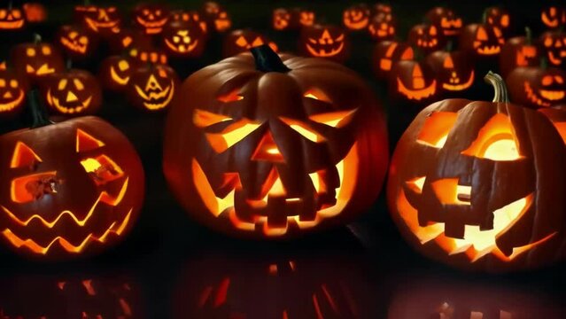 Slow zoom effect on gouged glowing dozens of pumpkins, a Halloween illustrated, animated spooky short film.