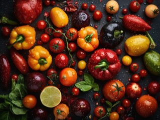Fresh various vegetables with water drops Full frame background top view