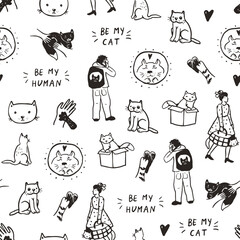 Funny cat, boy with cat, girl with cat vector line seamless pattern.