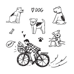 Funny foxterrier dog vector line illustrations set.