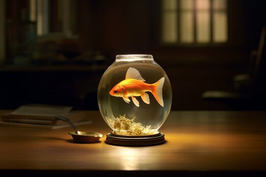 A light with a fish enclosed within, resting on a table. Generative AI