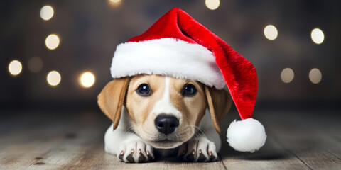 Happy puppy dog celebrating christmas with a red santa claus hat