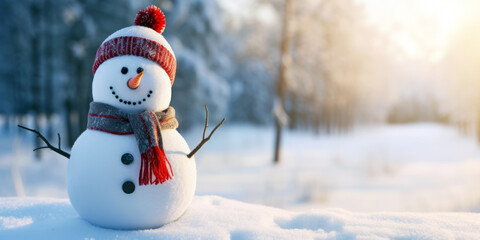Happy snowman in winter secenery - obrazy, fototapety, plakaty