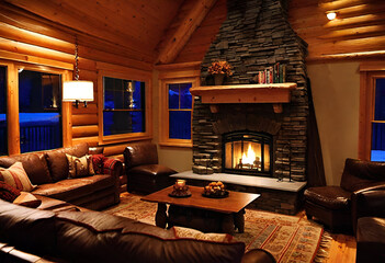 log cabin room with fireplace - obrazy, fototapety, plakaty