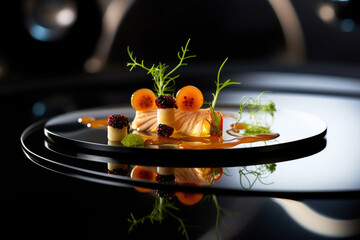 Beautifully presented Michelin star restaurant dish on a plate, black background. Refined and elegant cuisine, fine dinning  - obrazy, fototapety, plakaty