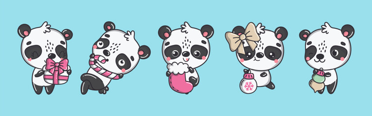 Collection of Vector Christmas Panda Art. Set of Isolated New Year Animal Illustration for Stickers