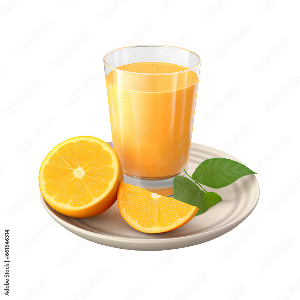 Poster a glass of freshly squeezed orange juice on a plate isolated on a transparent background
