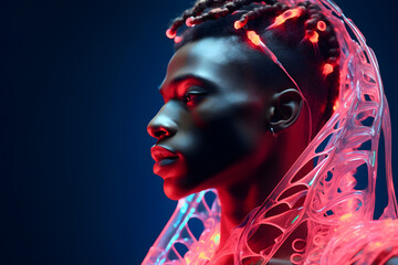 Portrait of  Fashion African man with neon costume and glasses in style of retro futurism, colorful bright cool look