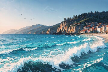 beach anime 2d. Ai generate illustration. scenery imagine ocean. seascape manga concept. seashore cliff romantic color. cartoon design painting. nature travel background artwork. horizon sunset.
