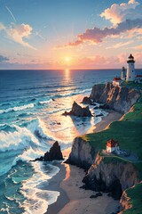 beach anime 2d. Ai generate illustration. scenery imagine ocean. seascape manga concept. seashore cliff romantic color. cartoon design painting. nature travel background artwork. horizon sunset.