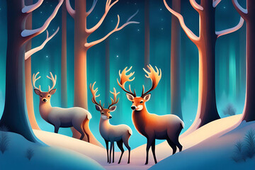 Deer family in the winter forest. Vector illustration. Generative AI