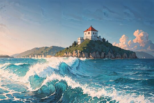 beach anime 2d. Ai generate illustration. scenery imagine ocean. seascape manga concept. seashore cliff romantic color. cartoon design painting. nature travel background artwork. horizon sunset.