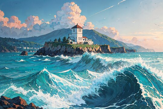 beach anime 2d. Ai generate illustration. scenery imagine ocean. seascape manga concept. seashore cliff romantic color. cartoon design painting. nature travel background artwork. horizon sunset.