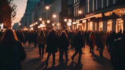 A blurry crowd of unrecognizable people on a fall street at sunset. crowd of people in a shopping