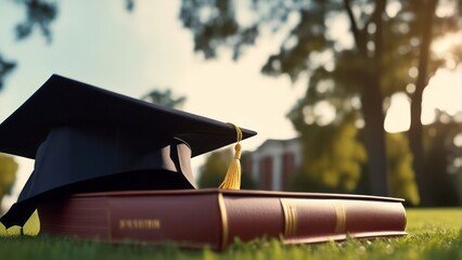 a mortarboard and graduation scroll on top of the books on university lawn